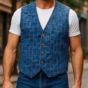 Armani Jeans Mens Denim Vest All Cotton Faded Blue Jean Basket Weave VTG EUC